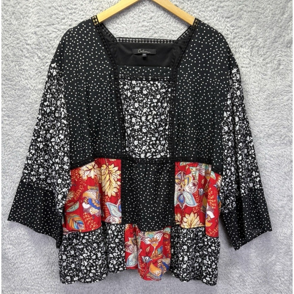 Calessa 2X Black Red Floral Polka Dot Patchwork Boho Lace Trim Bell Sleeve Top